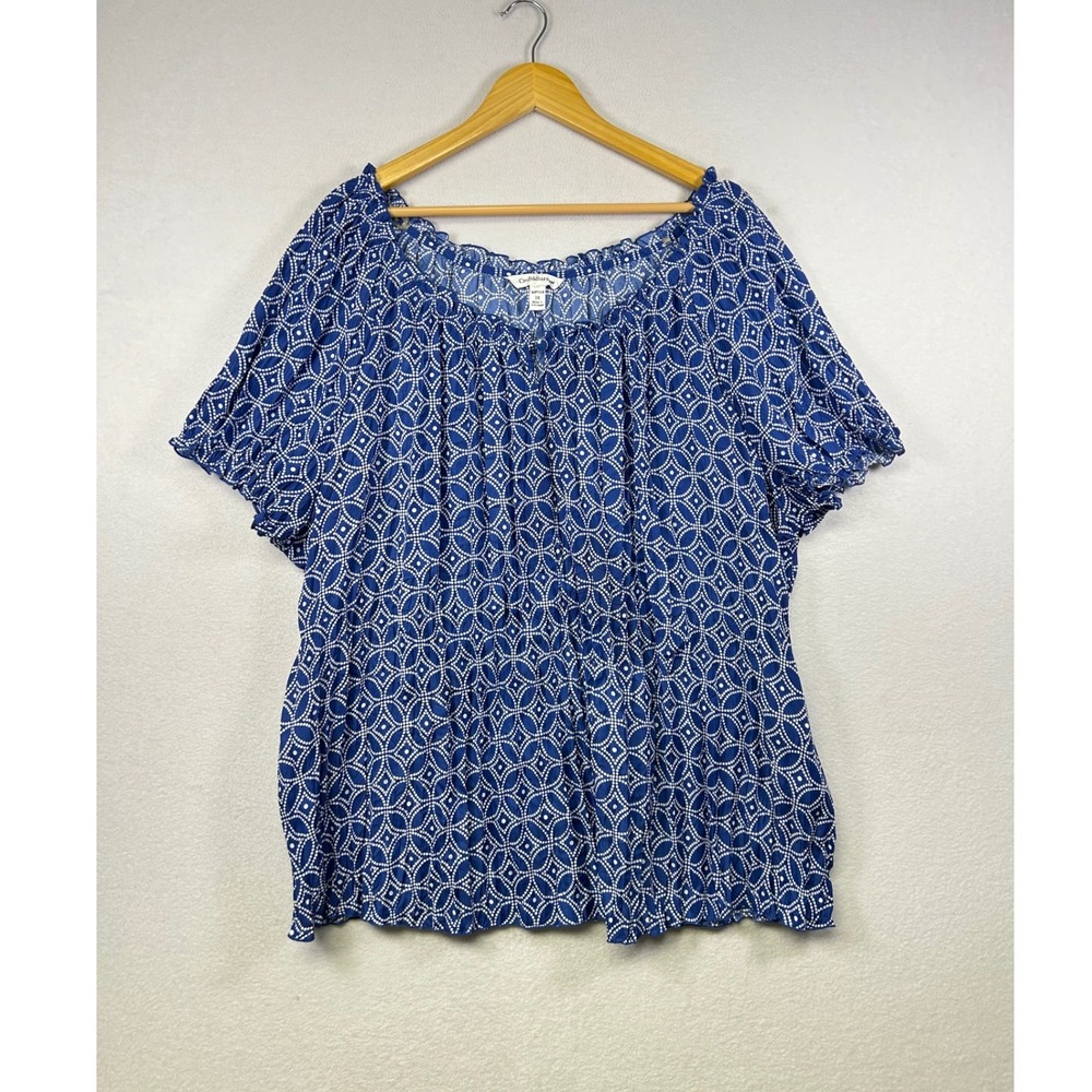 Crofts‎ & Barrow Blue White Geometric Print Off Shoulder Ruffle Top Plus Size 3X